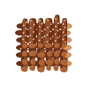 Illustration of a woven wooden mat with vertical and horizontal logs, featuring white dots on the top half.