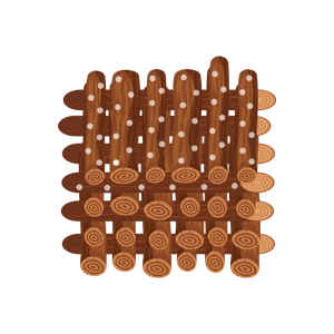 Illustration of a woven wooden mat with vertical and horizontal logs, featuring white dots on the top half.