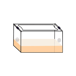 Illustration of a clear rectangular container filled halfway with a light brown liquid.