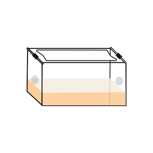 Illustration of a clear rectangular container filled halfway with a light brown liquid.