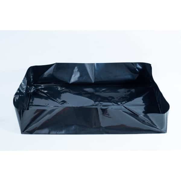 A black plastic sheet folded into a rectangular tray shape on a white background.