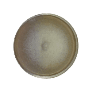 Round ceramic plate with a gradient brown and grey finish, viewed from above on a white background.