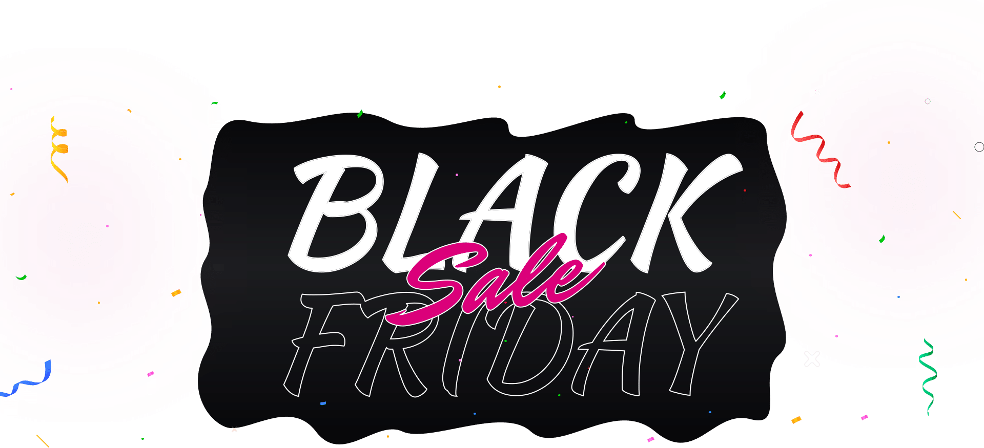 Black Friday Sale banner with bold text and colourful confetti on a white background.