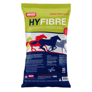 A 20kg bag of Soya Hull Pellets Non-GM Australian Grown (HyFeed HyFibre) features high-quality soya hull pellets for optimum horse nutrition, with colourful horse silhouettes on the front.