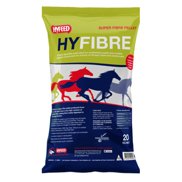 A 20kg bag of Soya Hull Pellets Non-GM Australian Grown (HyFeed HyFibre) features high-quality soya hull pellets for optimum horse nutrition, with colourful horse silhouettes on the front.
