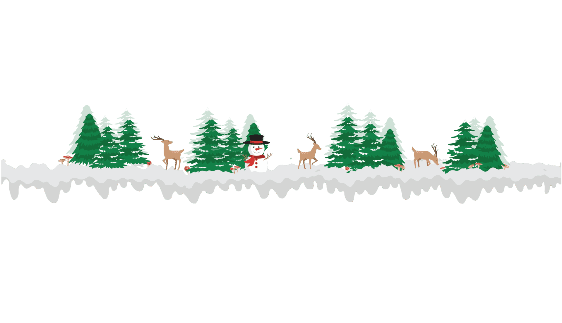 A snowman, deer, and trees stand on snowy ground in a winter forest scene.