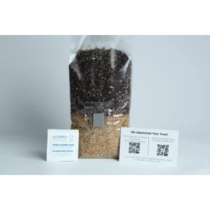 A bag of soil and seeds, an alcohol swab sachet, and a card with QR codes on a white background.