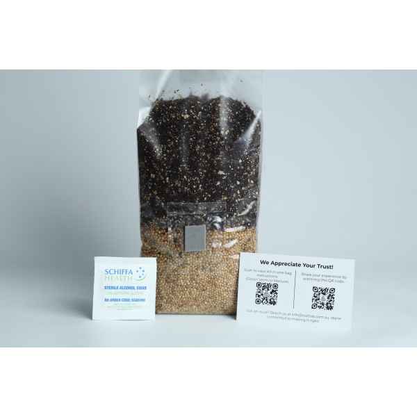 A bag of soil and seeds, an alcohol swab sachet, and a card with QR codes on a white background.