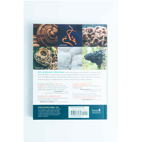 Back cover of "Medicinal Mushrooms The Essential Guide" by Christopher Hobbs, showcasing images of mushrooms and descriptions highlighting their medicinal benefits.