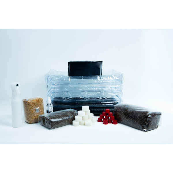 A mushroom growing kit with bags of substrate, a spray bottle, and small cubes on a white background.