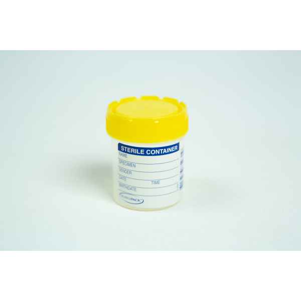 A sterile plastic specimen container with a yellow lid and labelling area—perfect for use with the Spore Print to Spore Syringe Transfer Kit.