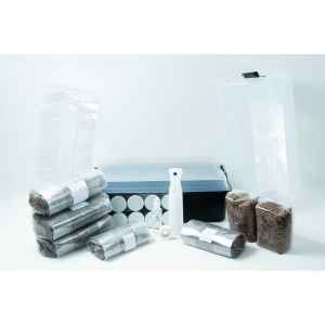 A mushroom growing kit with substrate bags, a clear tub, spray bottle, and accessories on a white background.