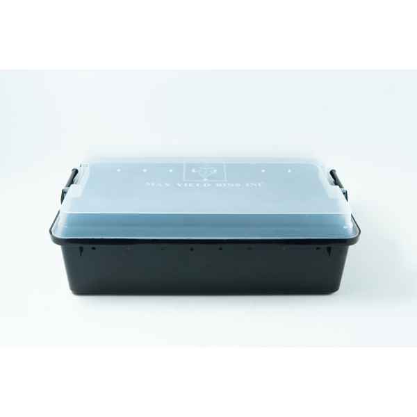 A black plastic storage box with a clear lid and side handles on a white background.