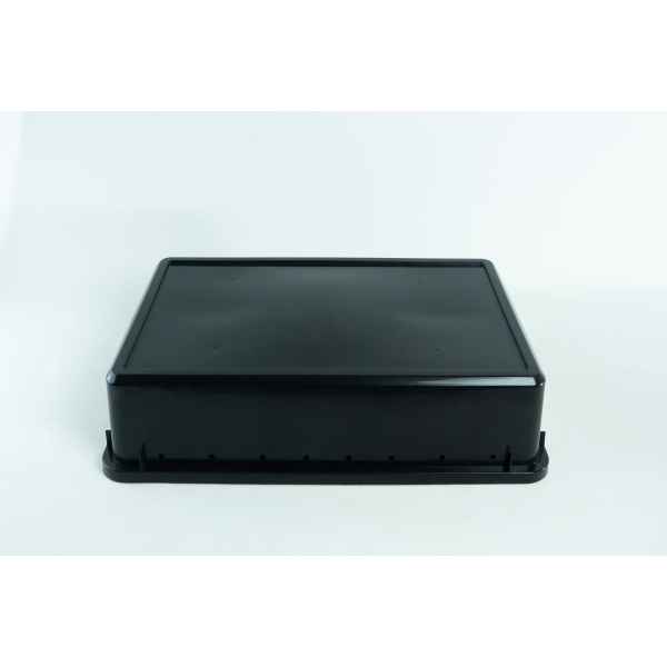 A black rectangular plastic container with a snap-on lid, placed on a white background.