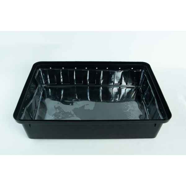 A black, rectangular plastic tray with a glossy finish on a white background.