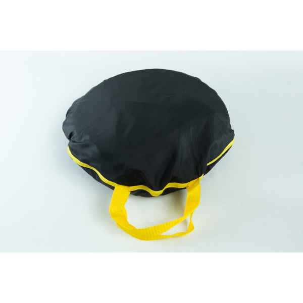 A black circular bag with yellow handles and trim, placed on a white background.