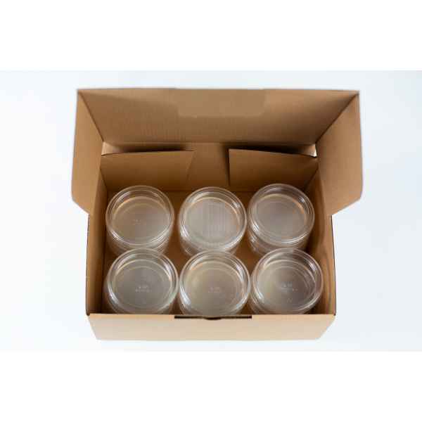 Six clear plastic petri dishes with lids in a brown cardboard box, viewed from above.