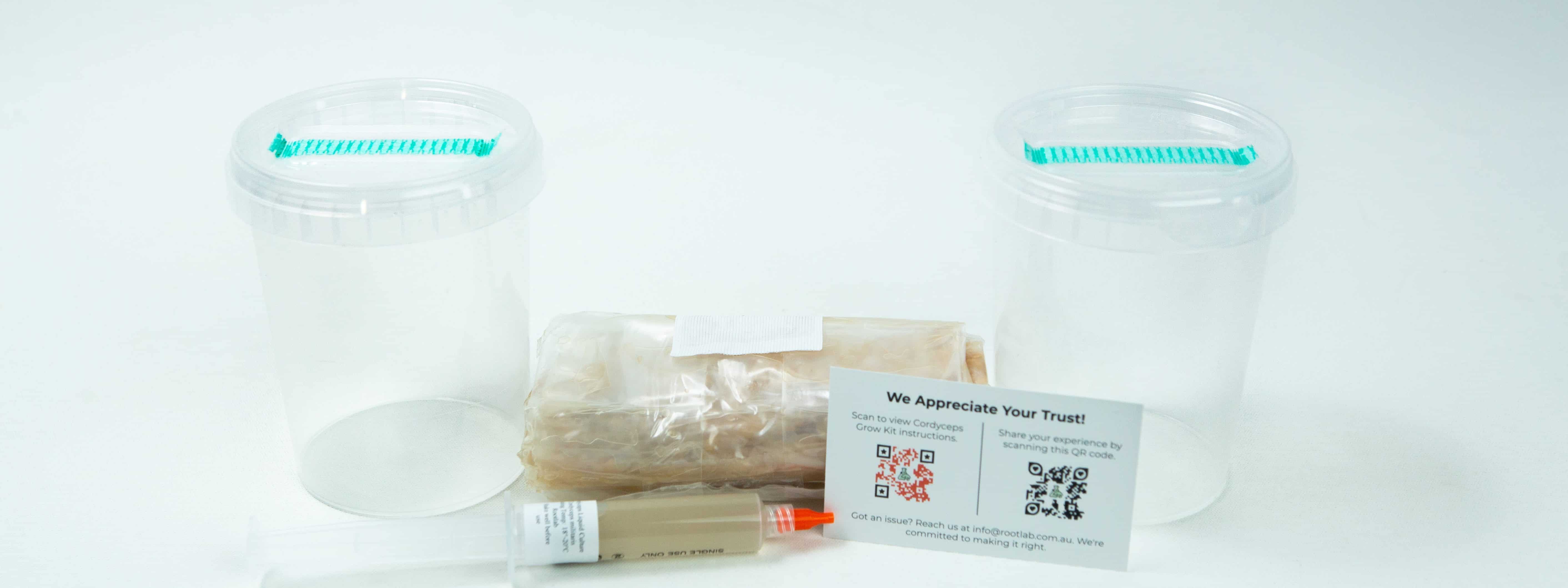 How to Grow Cordyceps militaris 1 Rootlab cordycep kit with container, Substrate, Alcohol and cordyceps militaris syringe.