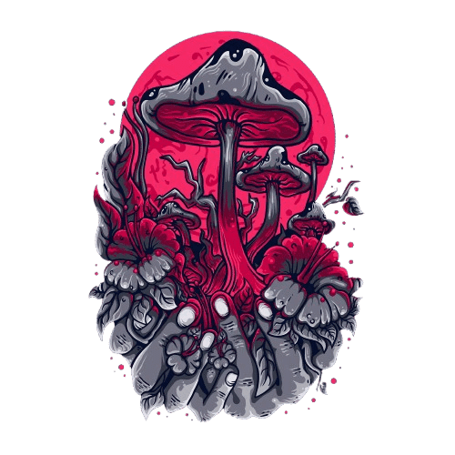 Two hands hold large, stylised mushrooms and flowers with a vivid red background behind them.