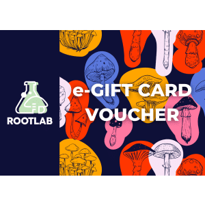 Colourful illustrated mushrooms with "e-Gift Card Voucher" and ROOTLAB text on a patterned background.