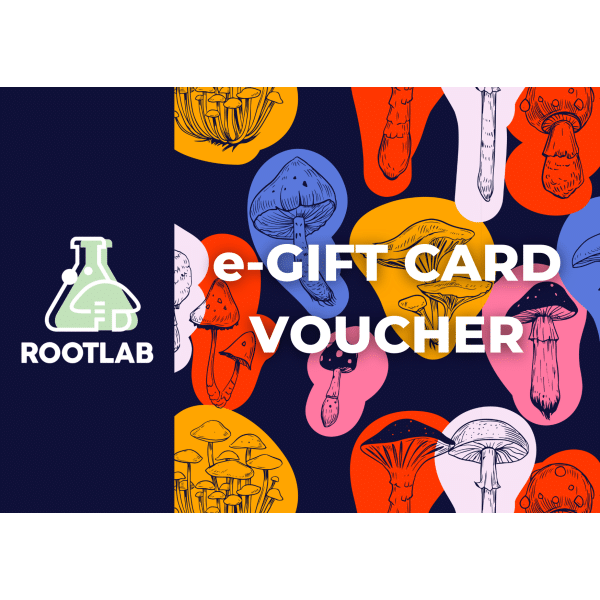 Colourful illustrated mushrooms with "e-Gift Card Voucher" and ROOTLAB text on a patterned background.