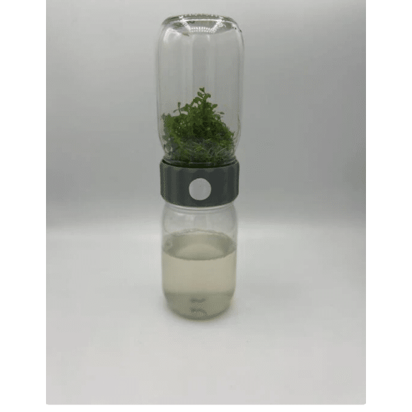 The Plant Cell Biocoupler™ Glass Set (470ml, 350ml, 230ml) features a glass bottle with green plants on top, cloudy liquid at the bottom, and a grey cap connecting them.