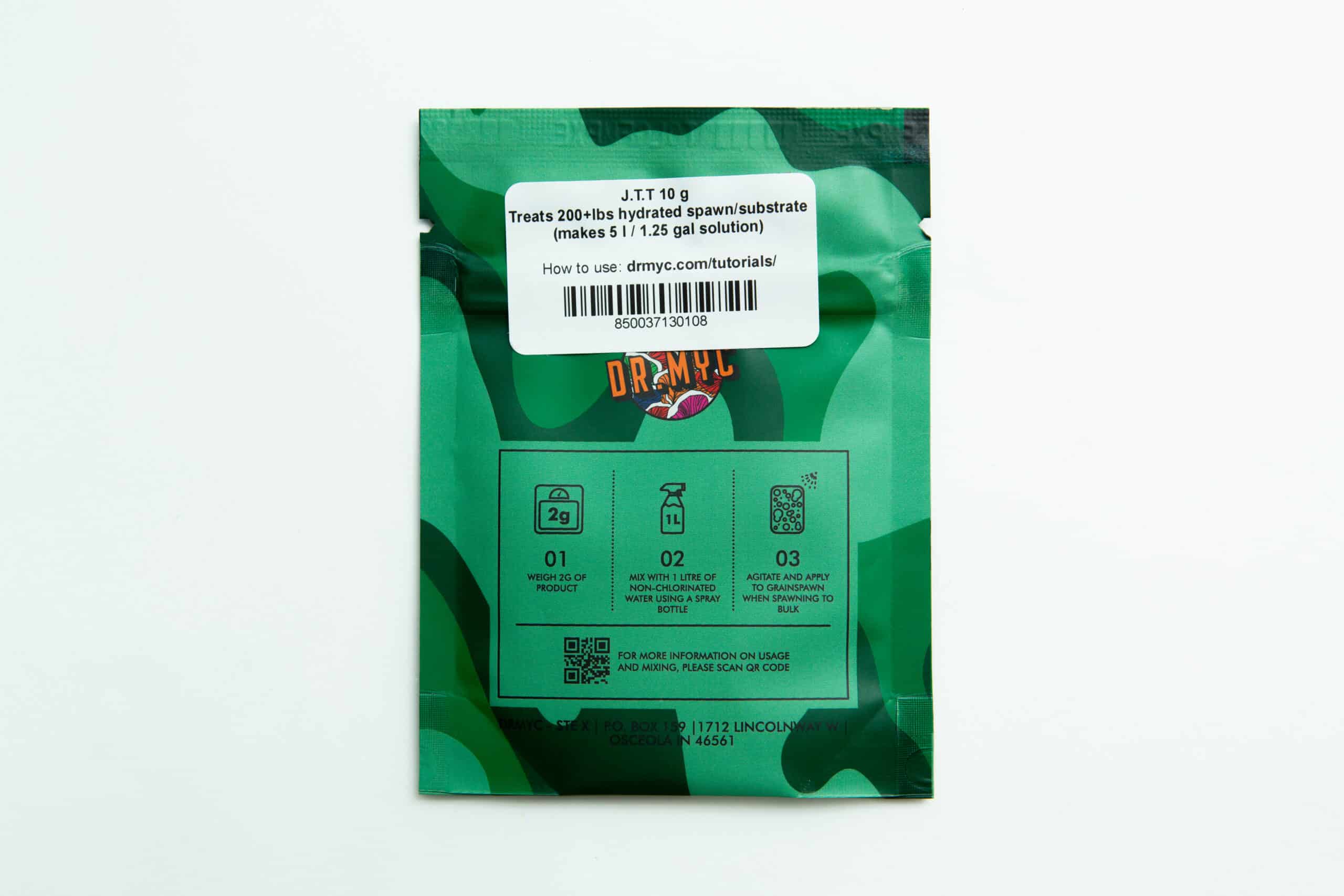 DRMyc Just-the-Trich - For Substrate Vitality 2 Green packet labelled “DRMyc Adaptive Liquid Culture Premix” with instructions for treating 20+ lbs hydrated substrate; barcode at top. Ideal for use alone or with Adaptive Liquid Culture.