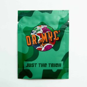 Green camo pouch labelled DR. MYC with colourful mushrooms and "JUST THE TRICH" at the bottom, featuring DRMyc Adaptive Liquid Culture Premix for your growing needs.