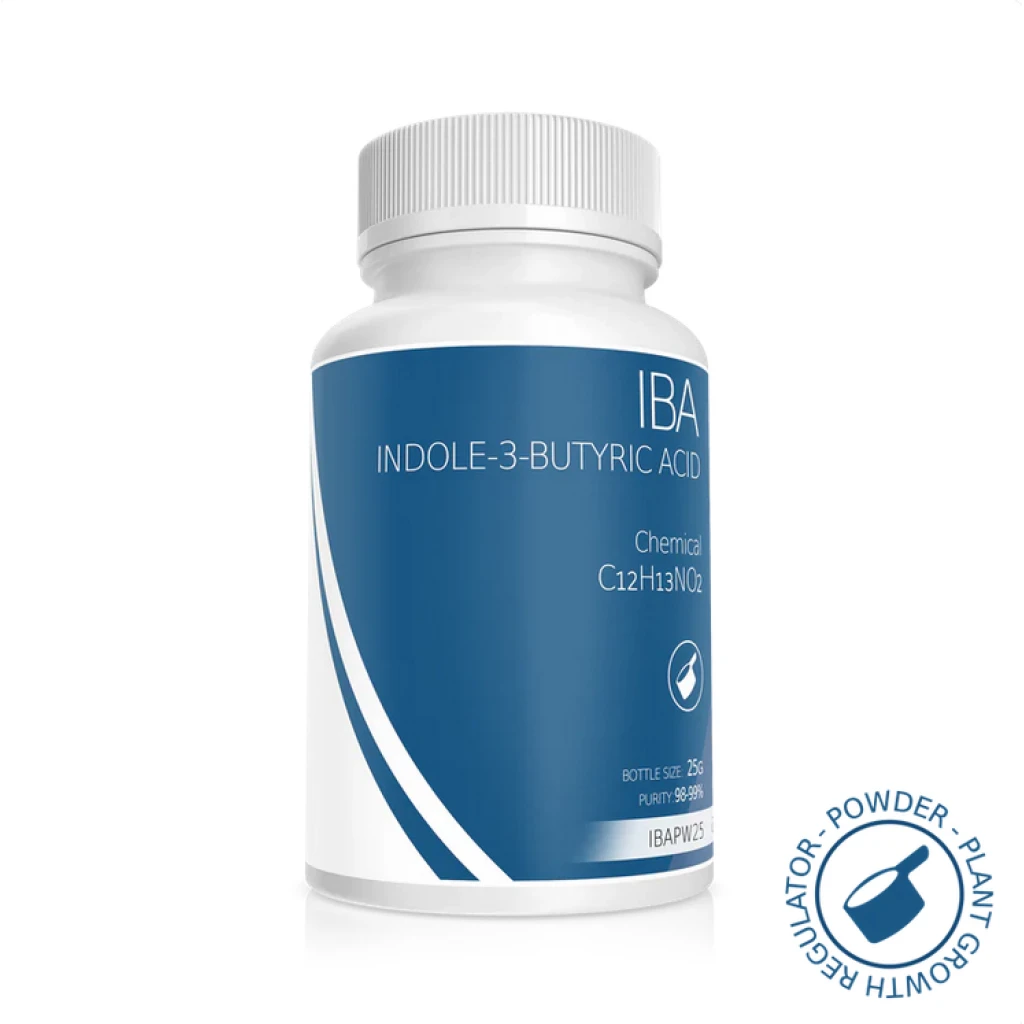White bottle labelled Plant Cell Indole-3-Butyric Acid (IBA) Powder with blue accents and a plant growth regulator seal.