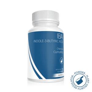 White bottle labelled Plant Cell Indole-3-Butyric Acid (IBA) Powder with blue accents and a plant growth regulator seal.