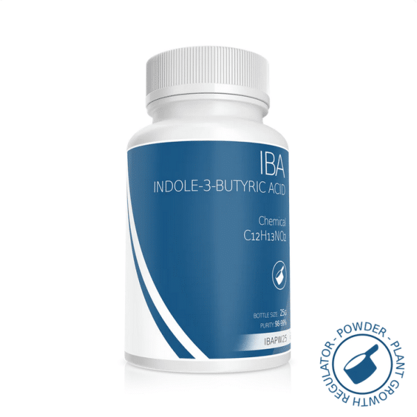 White bottle labelled Plant Cell Indole-3-Butyric Acid (IBA) Powder with blue accents and a plant growth regulator seal.