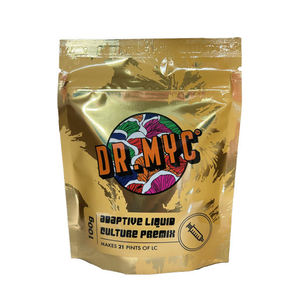 Gold pouch labelled DRMyc Adaptive Liquid Culture Premix, 100g, makes 21 pints of liquid culture, features a colourful logo.