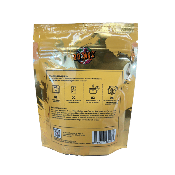 Back of a yellow DRMyc Adaptive Liquid Culture Premix pouch featuring printed instructions and a QR code on the packaging.