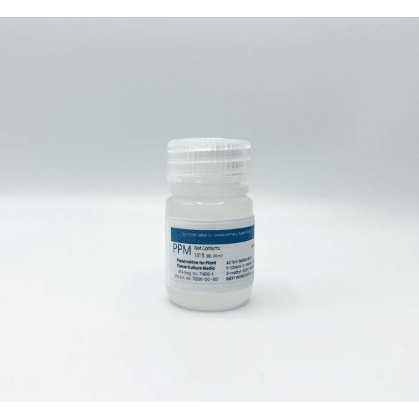 A small white plastic bottle of Plant Cell Plant Preservative Mixture (PPM™) with a blue and white label, set against a plain light background.