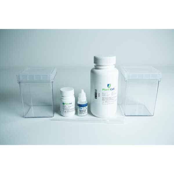 The Plant Cell Tissue Culture Starter Kit, featuring containers, bottles, and a dropper, is displayed on a white surface with a plain background.