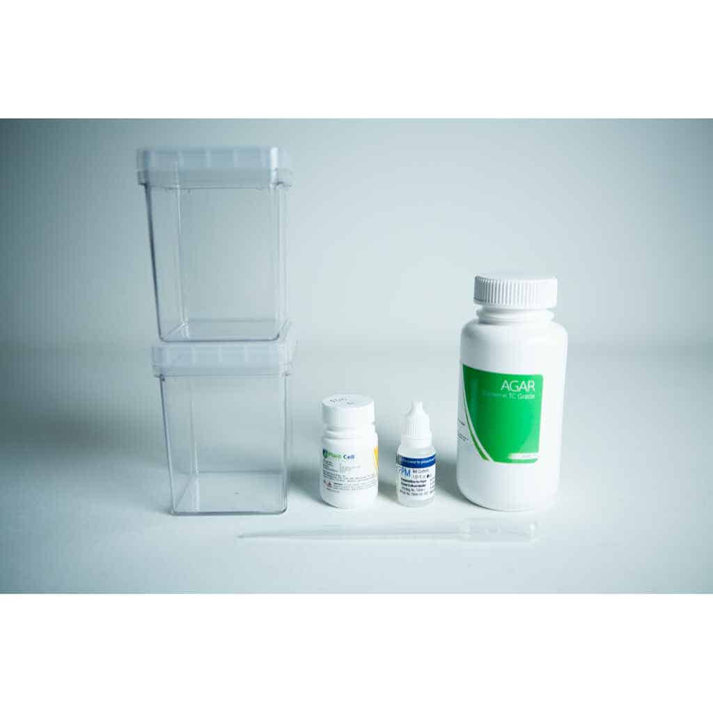 The Plant Cell Tissue Culture Starter Kit includes two clear plastic containers, bottles labelled AGAR, and small dropper bottles with a plastic pipette.