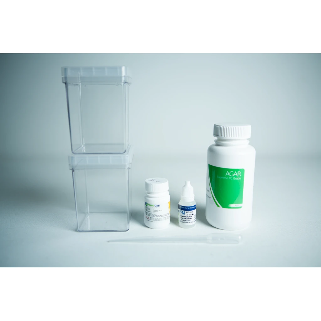 The Plant Cell Tissue Culture Starter Kit includes two clear plastic containers, bottles labelled AGAR, and small dropper bottles with a plastic pipette.