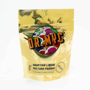 DRMyc Adaptive Liquid Culture Premix, 50g pouch with colourful logo and text, ideal for dung-loving species.