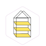 A minimalist illustration of a beehive with three yellow honeycomb shelves inside a pale hexagon outline, perfect for fans of Mushroom Supplies Australia and those seeking inspiration for mushroom growing supplies.