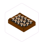 Illustration of mushrooms growing in a rectangular wooden box with soil, viewed from above—perfect for showcasing essential mushroom growing supplies.