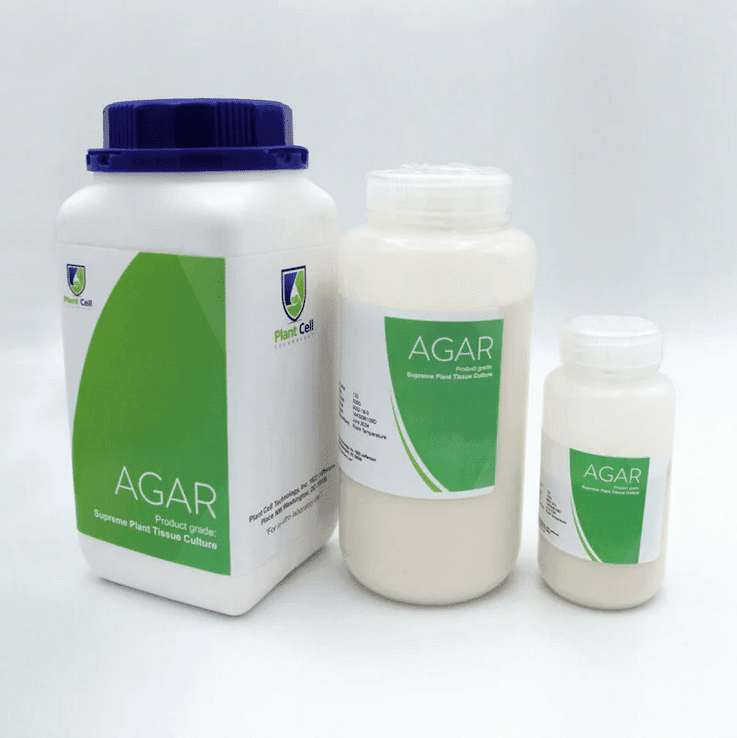 Three white containers of Plant Cell Supreme TC Grade Agar powder, featuring green and white labels and available in different sizes, arranged on a white background.