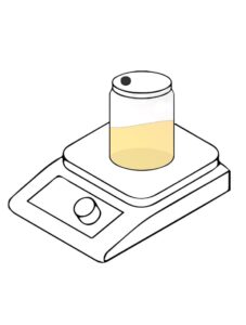 A jar with yellow liquid on a digital scale, viewed from an angle—perfect for showing how to make MEA mix in the microwave.