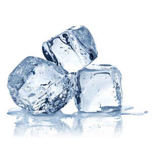 Three ice pack cubes are stacked together, each clear with water droplets and a small puddle forming at the base.