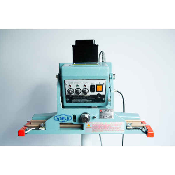 Close-up of a blue Vertical Foot Heat Sealer VHVD 450mm Double 10mm by Venus against a plain light background.