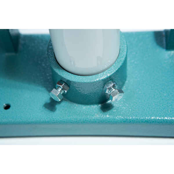 Close-up of two bolts securing the Vertical Foot Heat Sealer VHVD 450mm Double 10mm by Venus to a white cylindrical pole in a textured teal metal base.