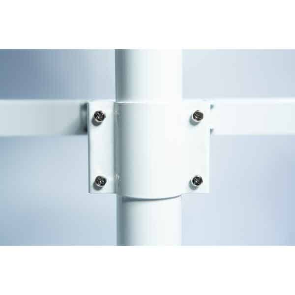 Close-up of a white metal fitting with four screws, connecting two metal bars to the upright pole of the Venus Vertical Foot Heat Sealer VHVD 450mm Double 10mm.