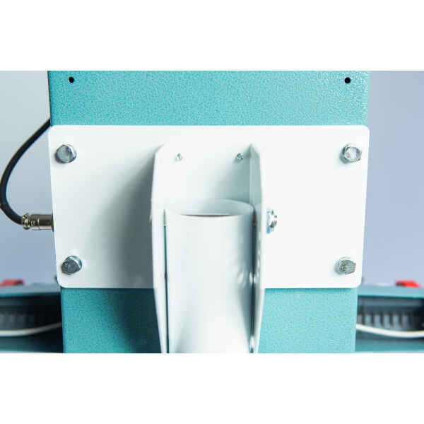 Close-up of the Vertical Foot Heat Sealer VHVD 450mm Double 10mm by Venus, featuring a teal and white industrial design with visible bolts and a metal bracket.