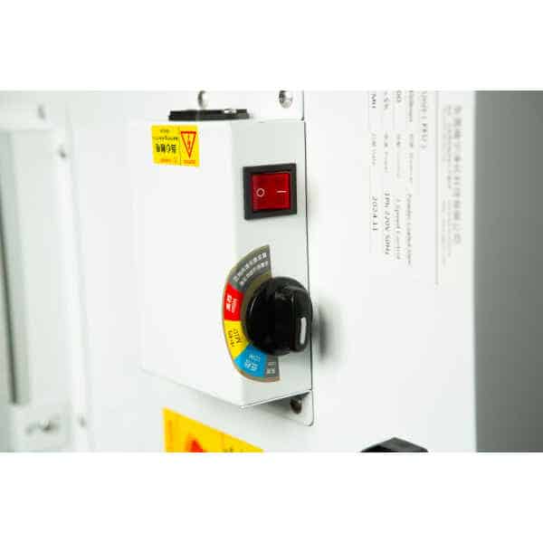 Close-up of the Laminar Flow Hood H14 with pre-filter 120x60x35cm control panel, featuring a black switch, red power button, and warning labels.