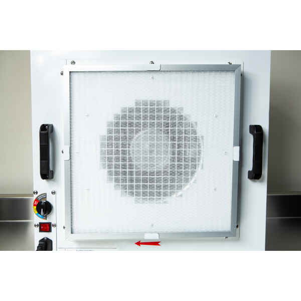 Close-up of the Laminar Flow Hood HEPA Airfilter H14 with prefilter (60x60x35cm), showing its filter, side handles, and a red arrow pointing left.
