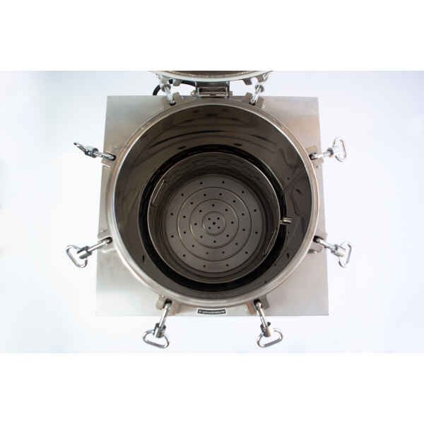 Top view of an open, empty stainless steel industrial container with clamps and a perforated bottom.